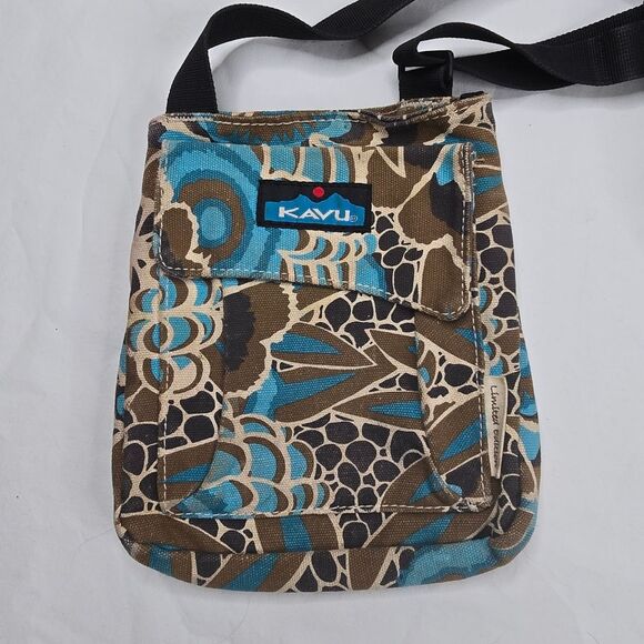 KAVU Limited Edition Crossbody Bag, Blue, Tan, Cream Print - Picture 1 of 7
